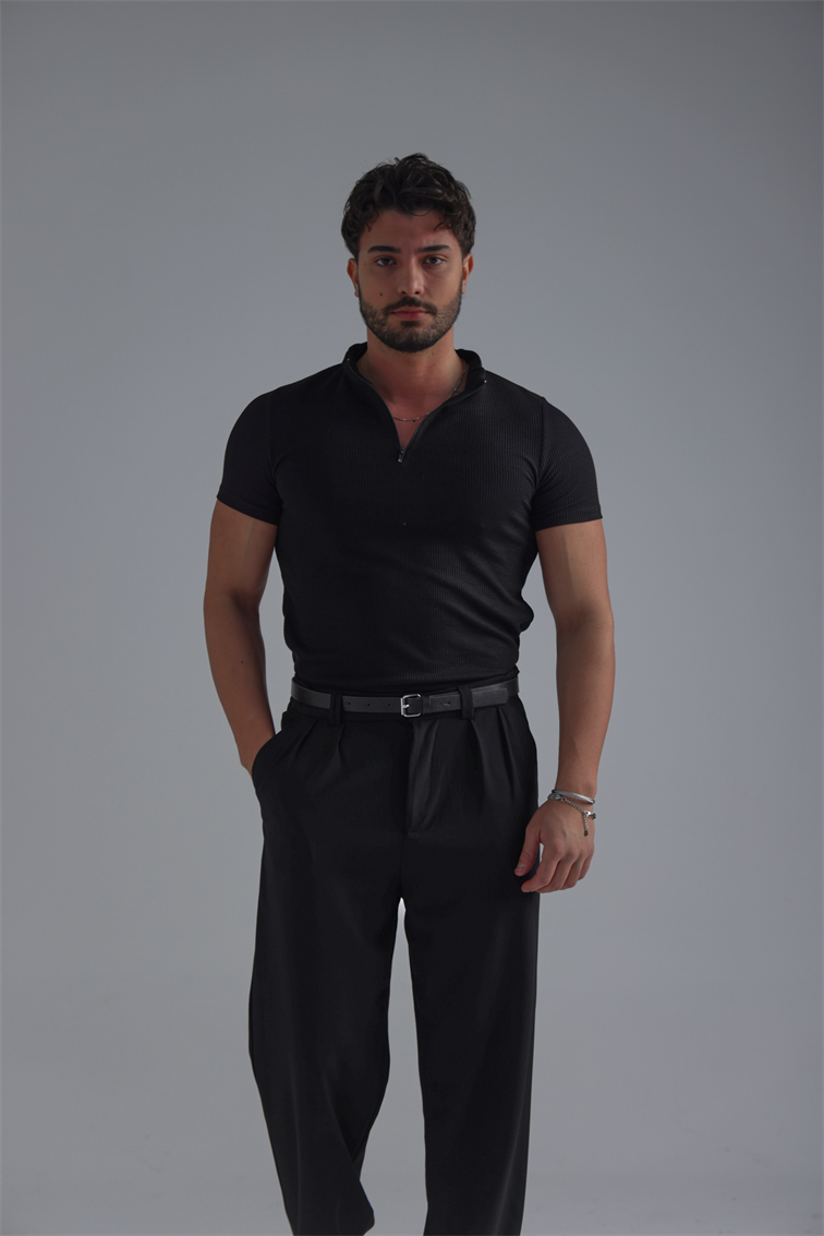 Yarım Fermuar Slim Fit Fitilli Tshirt Siyah