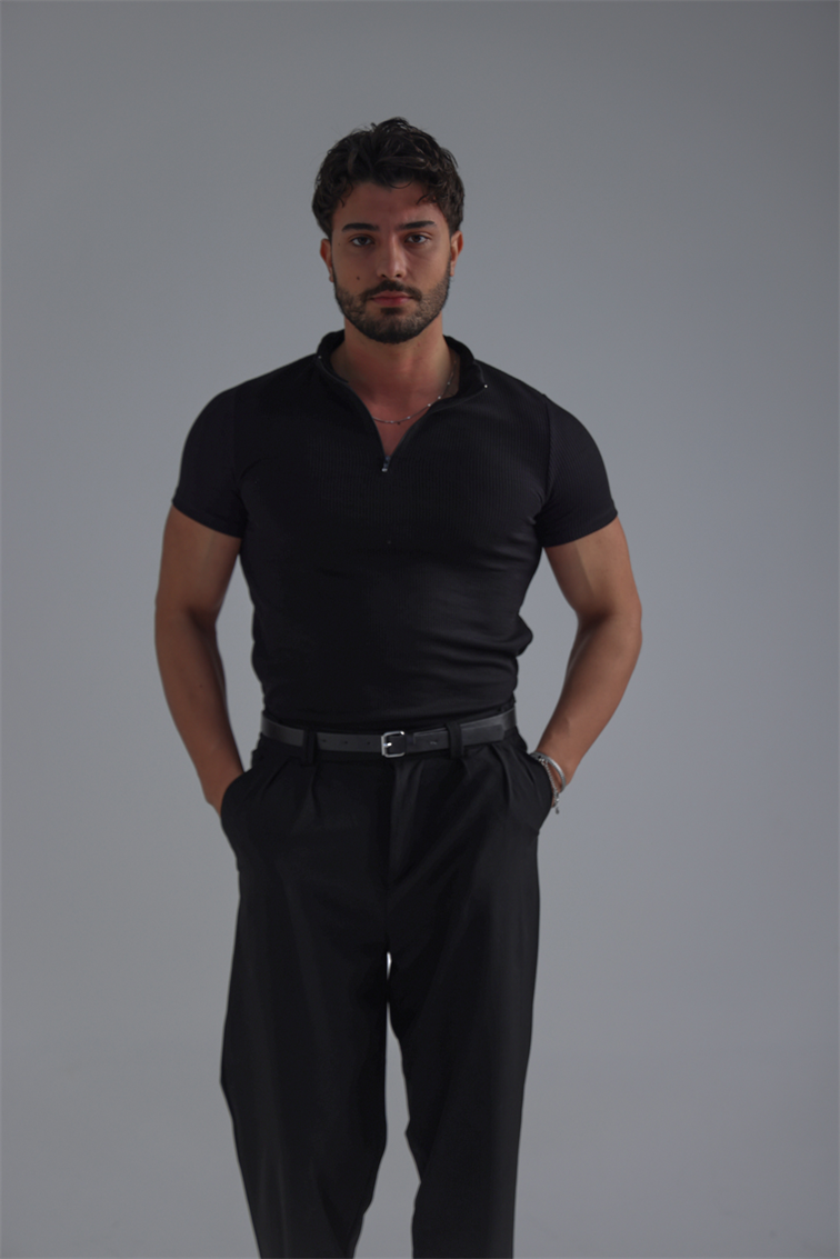 Yarım Fermuar Slim Fit Fitilli Tshirt Siyah
