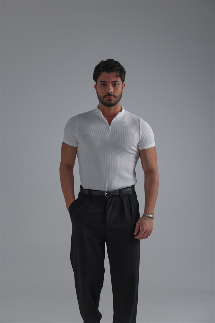 Yarım Fermuar Slim Fit Fitilli Tshirt Beyaz