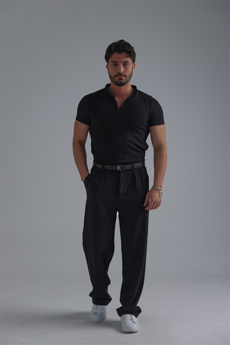 Yarım Fermuar Slim Fit Fitilli Tshirt Siyah