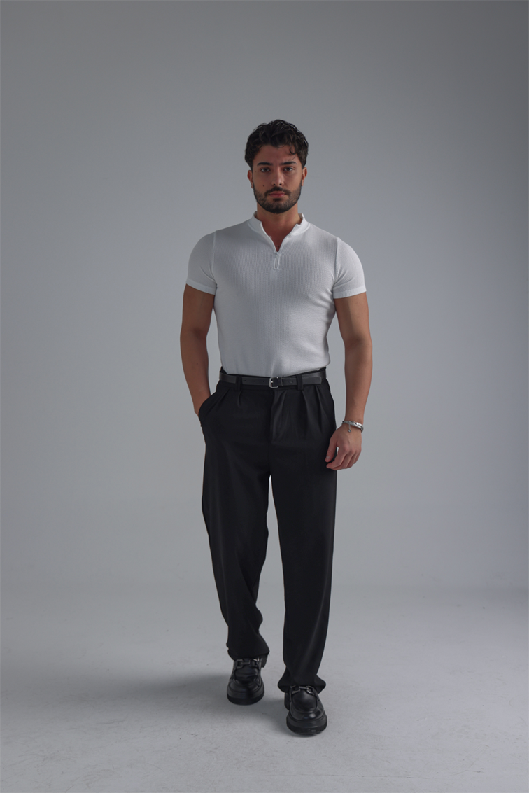 Yarım Fermuar Slim Fit Fitilli Tshirt Beyaz