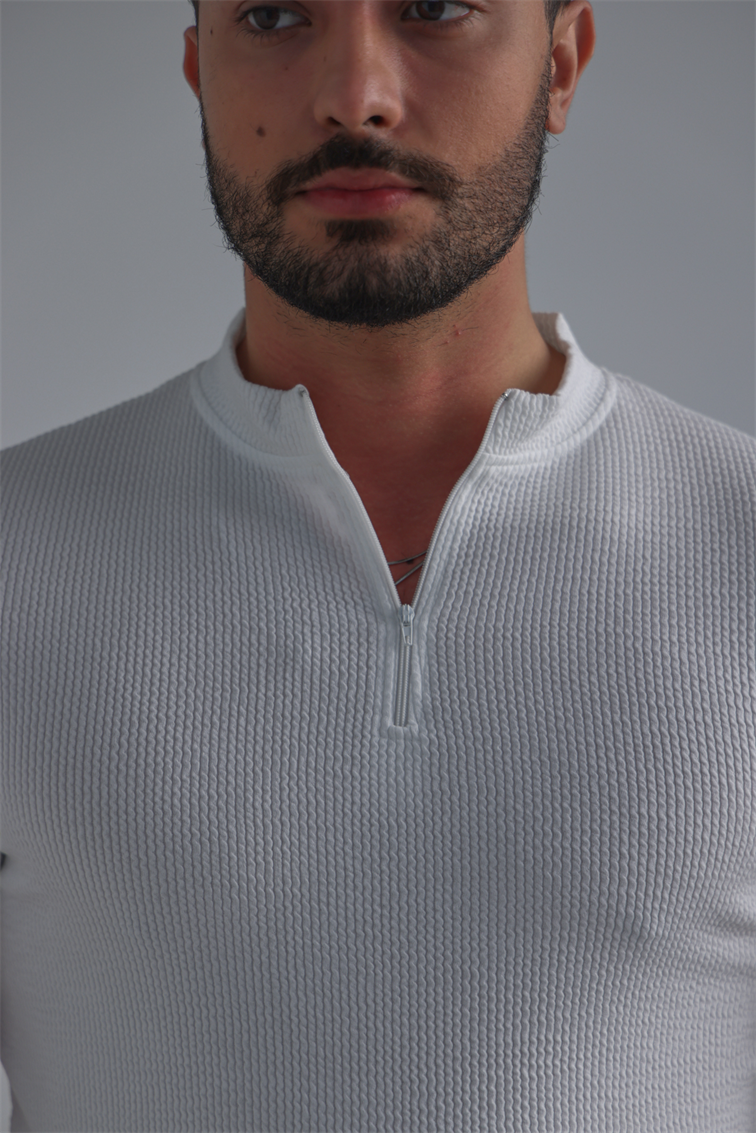 Yarım Fermuar Slim Fit Fitilli Tshirt Beyaz