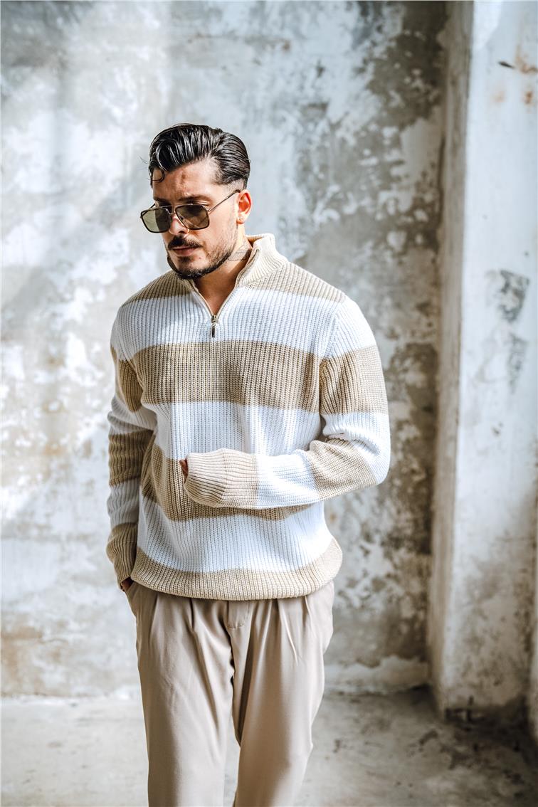 Yarım Fermuarlı İki Renk Örme Kazak Bej