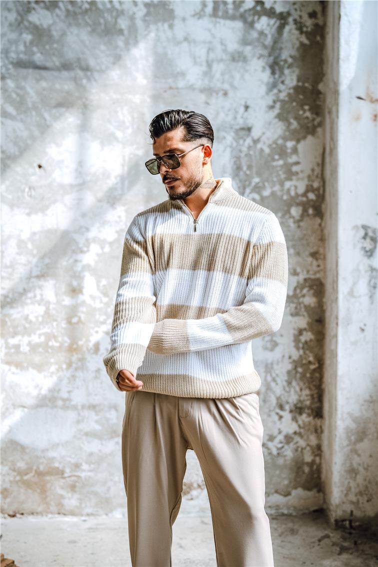 Yarım Fermuarlı İki Renk Örme Kazak Bej