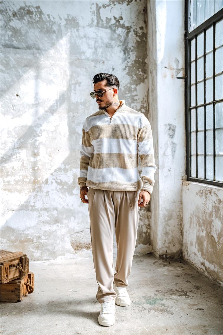 Yarım Fermuarlı İki Renk Örme Kazak Bej