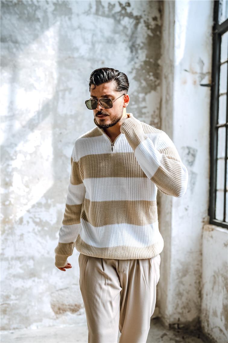 Yarım Fermuarlı İki Renk Örme Kazak Bej