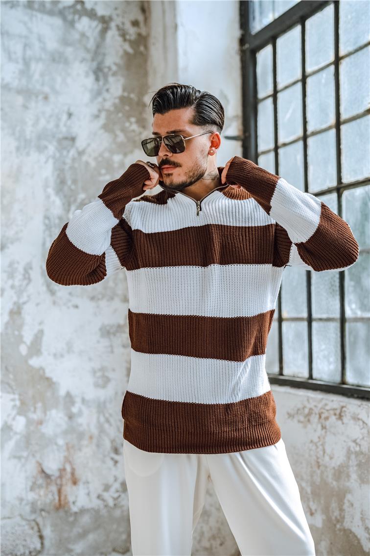 Yarım Fermuarlı İki Renk Örme Kazak Kahve