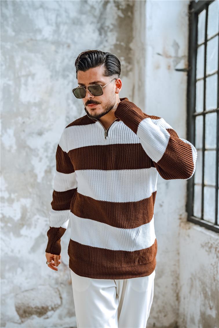 Yarım Fermuarlı İki Renk Örme Kazak Kahve