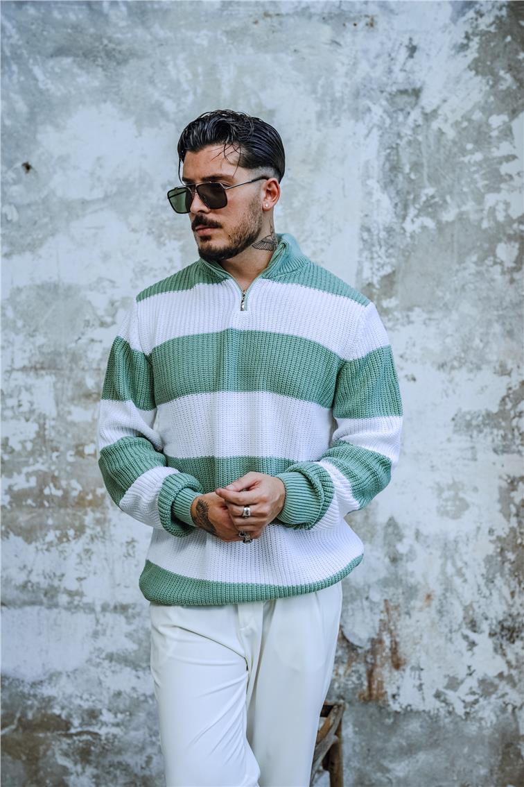 Yarım Fermuarlı İki Renk Örme Kazak Mint