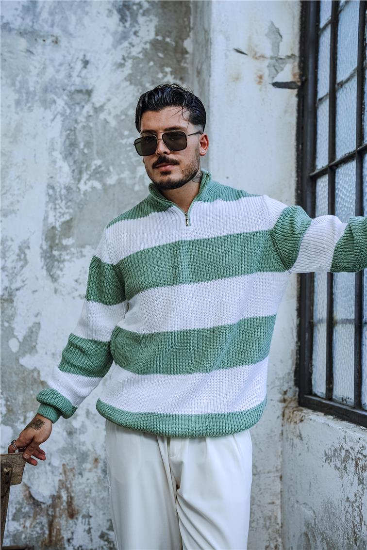 Yarım Fermuarlı İki Renk Örme Kazak Mint