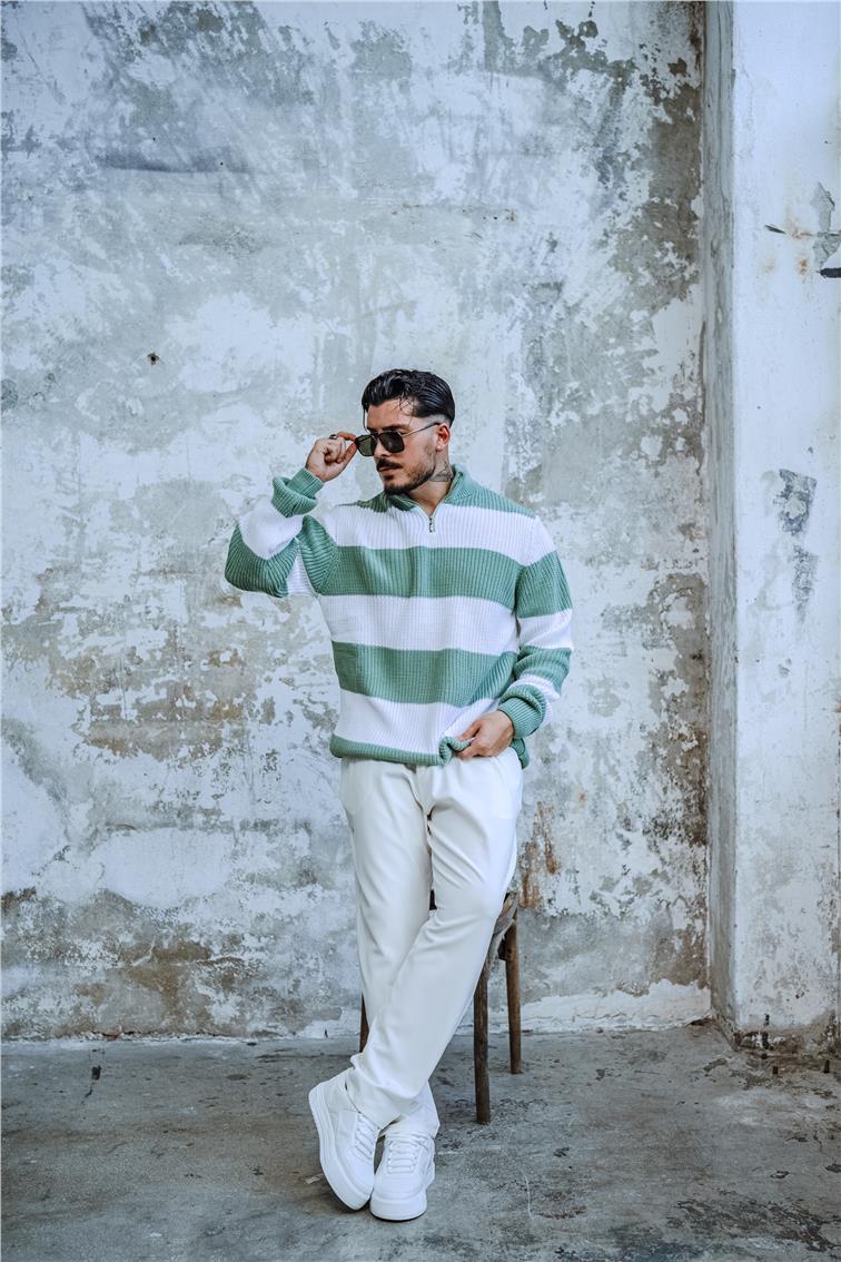 Yarım Fermuarlı İki Renk Örme Kazak Mint