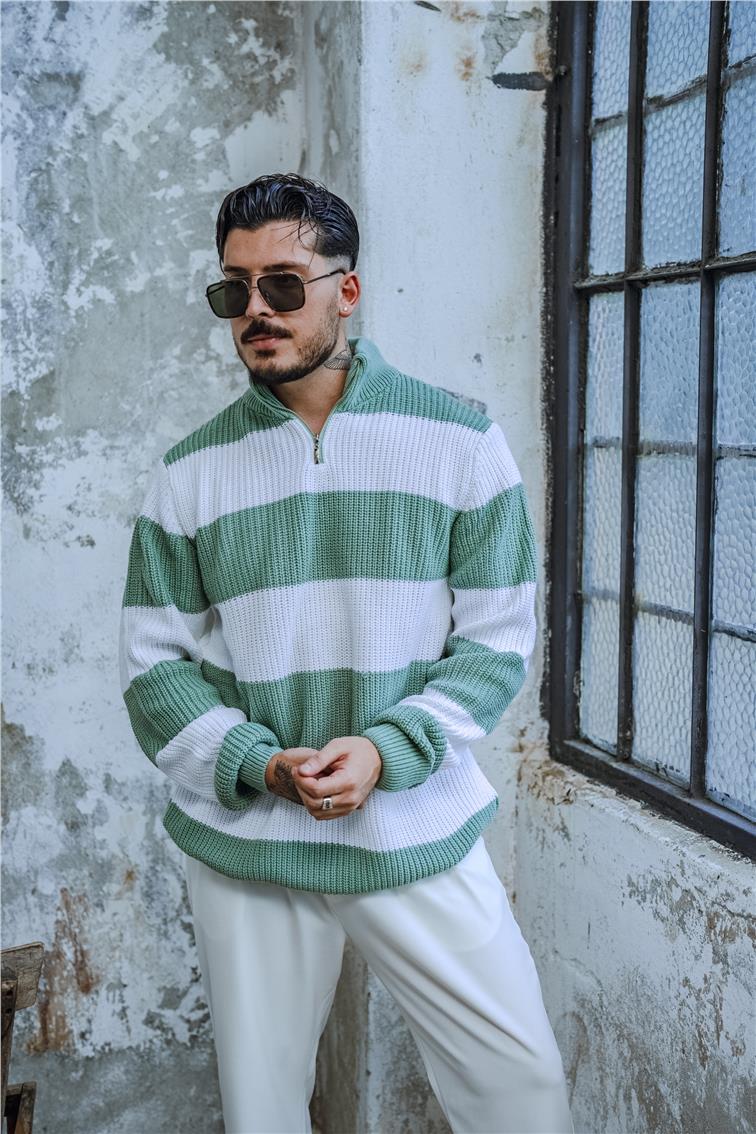 Yarım Fermuarlı İki Renk Örme Kazak Mint