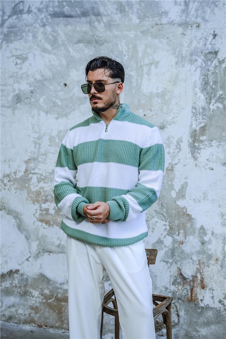 Yarım Fermuarlı İki Renk Örme Kazak Mint