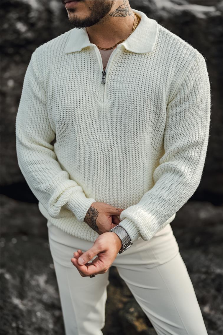 Yarım Fermuarlı Örgülü Oversize Kazak Beyaz