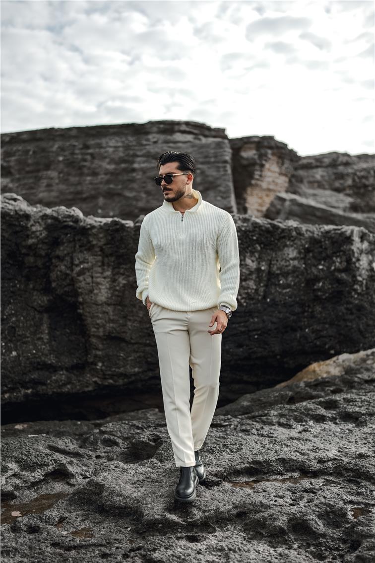 Yarım Fermuarlı Örgülü Oversize Kazak Beyaz