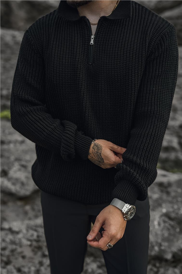 Yarım Fermuarlı Örgülü Oversize Kazak Siyah