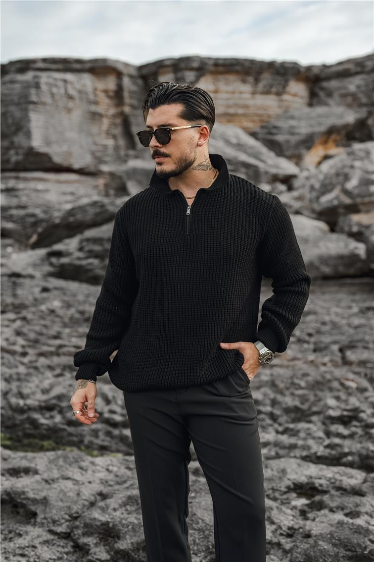 Yarım Fermuarlı Örgülü Oversize Kazak Siyah