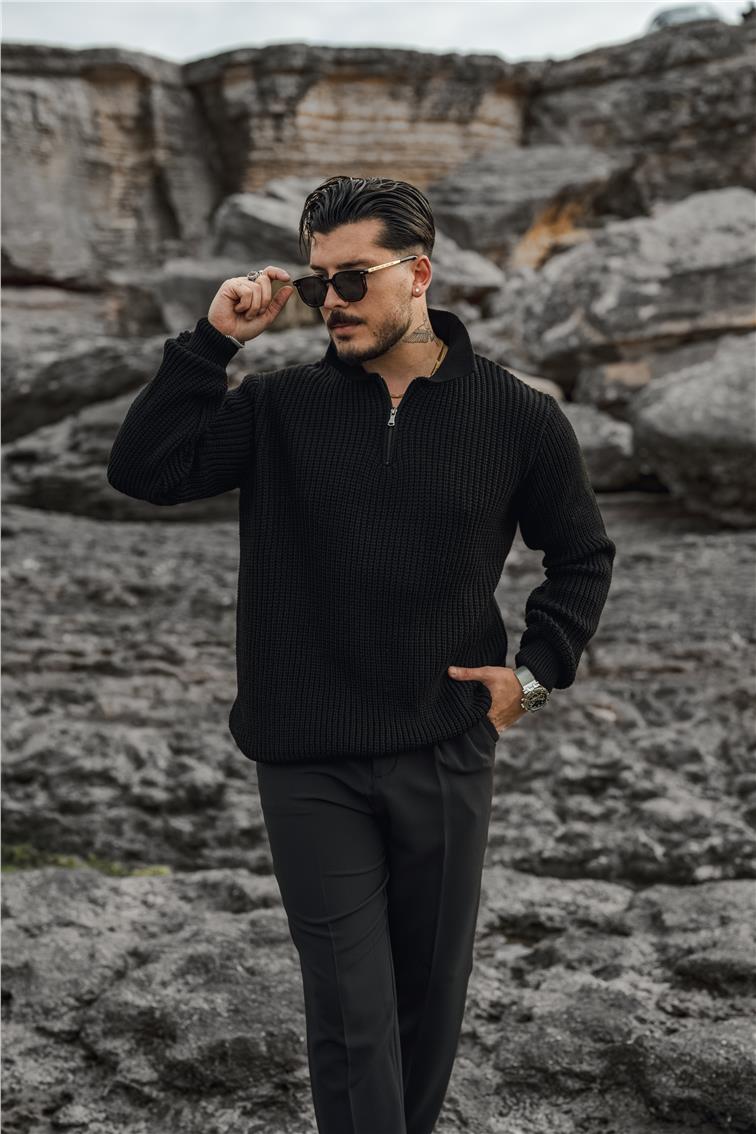 Yarım Fermuarlı Örgülü Oversize Kazak Siyah