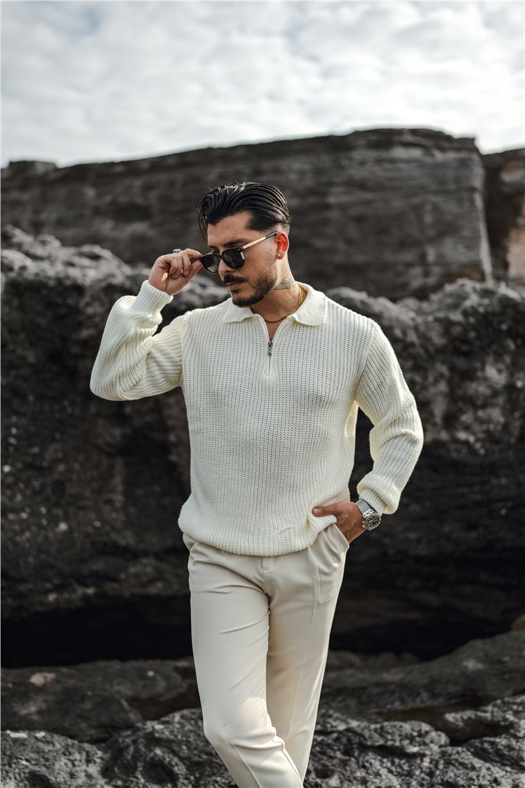 Yarım Fermuarlı Örgülü Oversize Kazak Beyaz