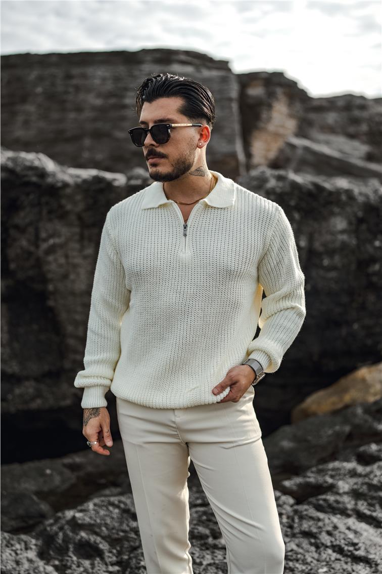 Yarım Fermuarlı Örgülü Oversize Kazak Beyaz