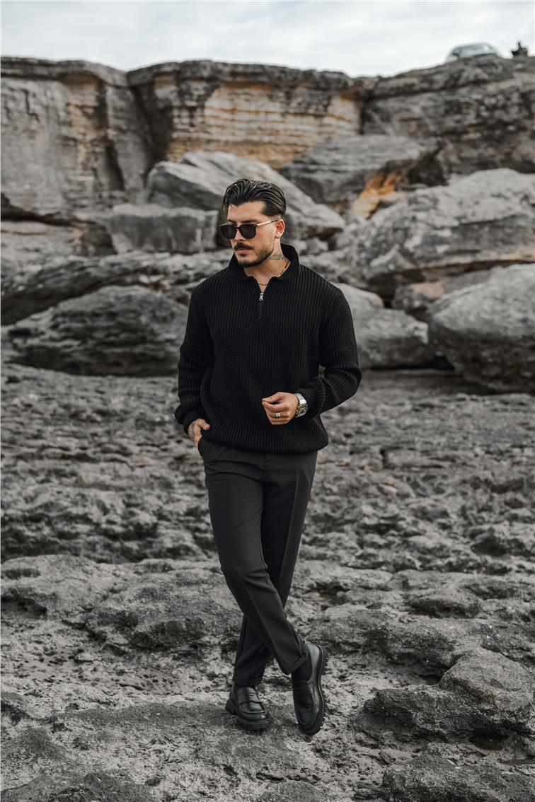 Yarım Fermuarlı Örgülü Oversize Kazak Siyah