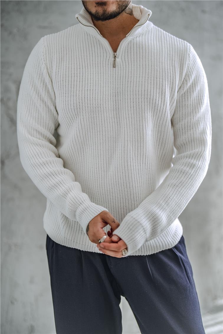 Yarım Fermuarlı Örme Oversize Kazak Beyaz