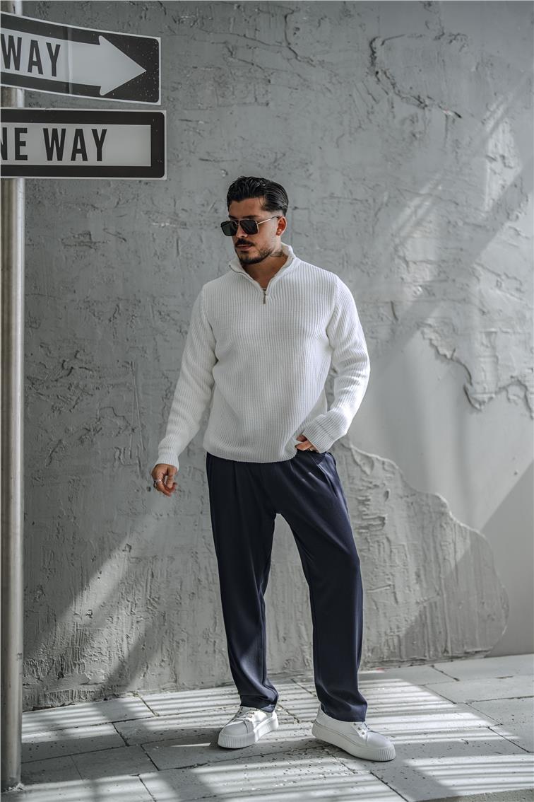 Yarım Fermuarlı Örme Oversize Kazak Beyaz