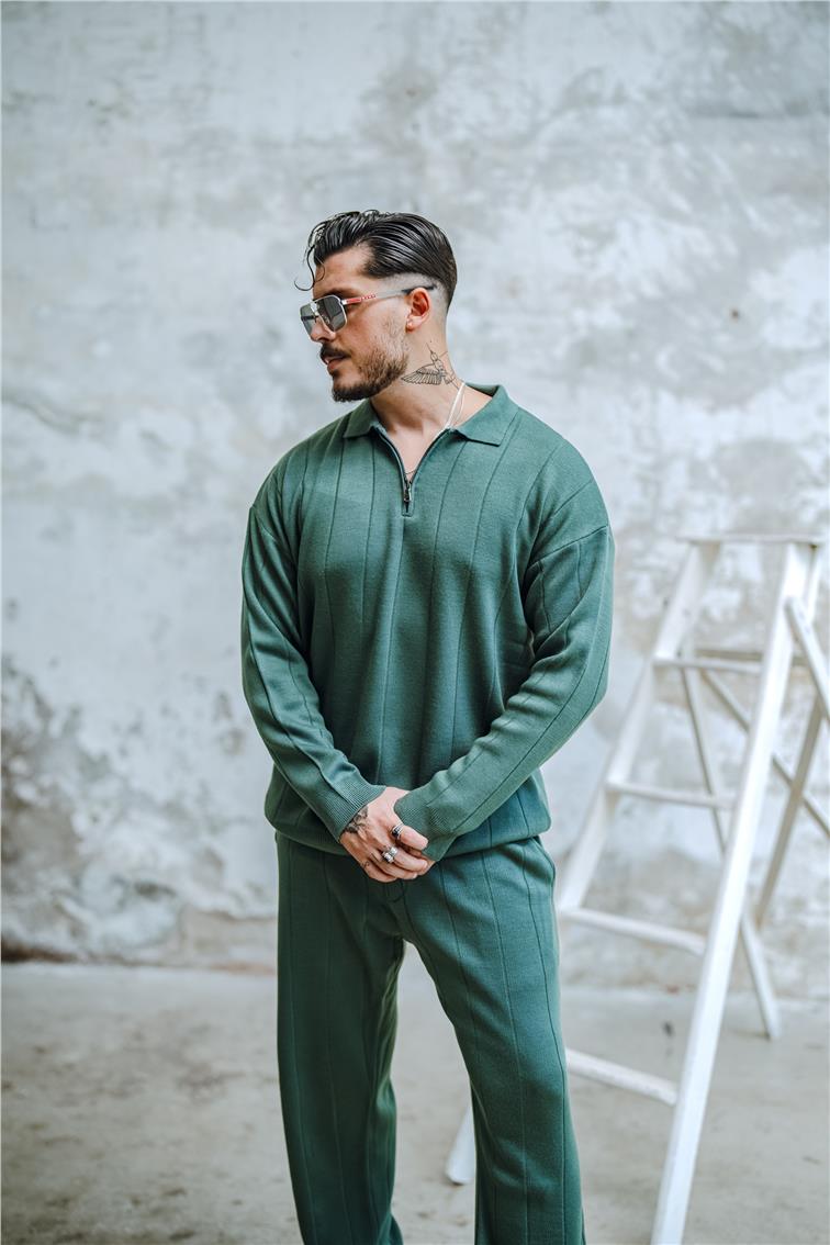 Yarım Fermuarlı Polo Yaka Kazak Çağla Yeşili