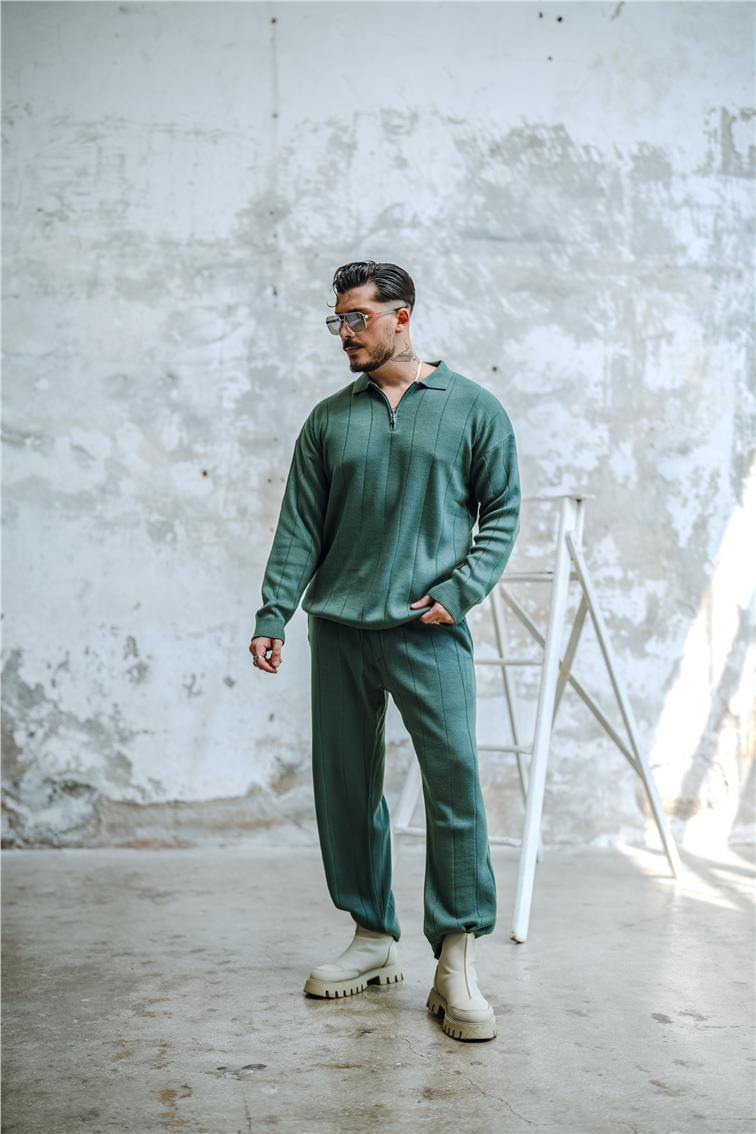 Yarım Fermuarlı Polo Yaka Kazak Çağla Yeşili