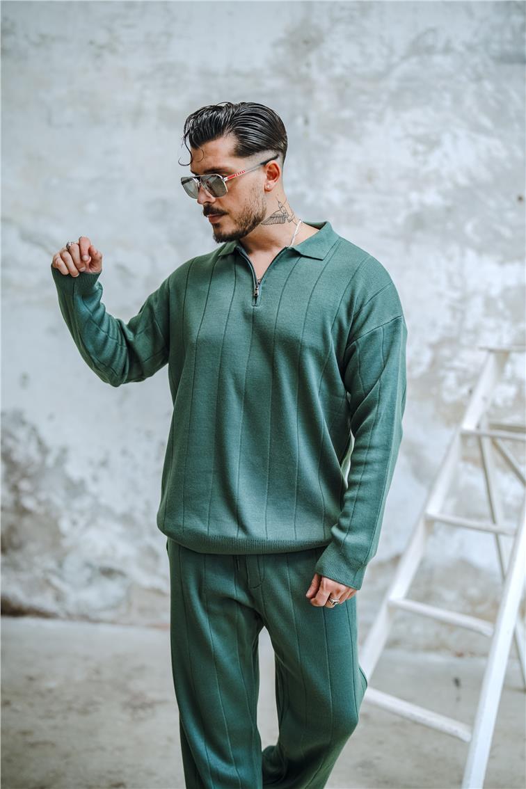 Yarım Fermuarlı Polo Yaka Kazak Çağla Yeşili