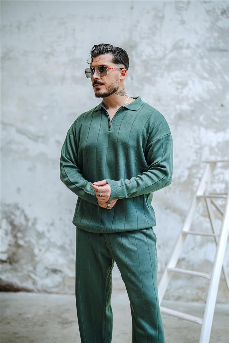 Yarım Fermuarlı Polo Yaka Kazak Çağla Yeşili