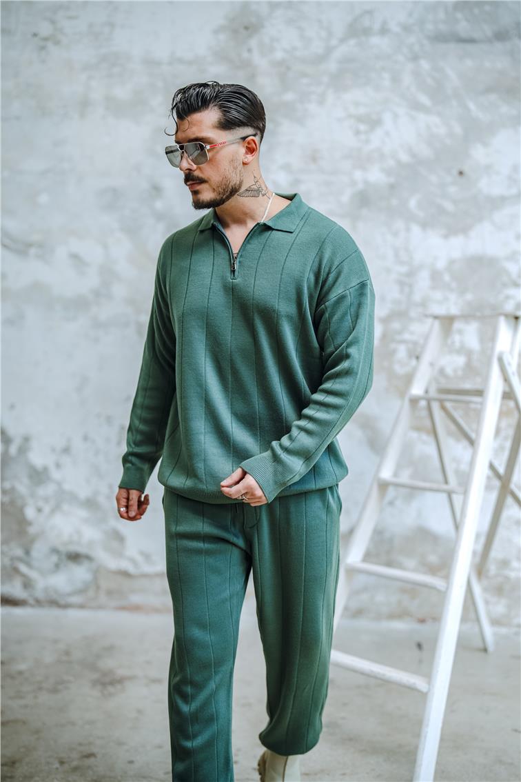 Yarım Fermuarlı Polo Yaka Kazak Çağla Yeşili