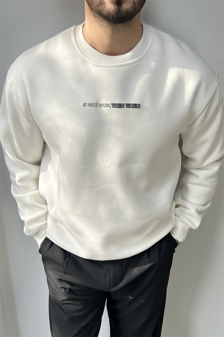 Yazı Detay Basic Sweatshirt Beyaz