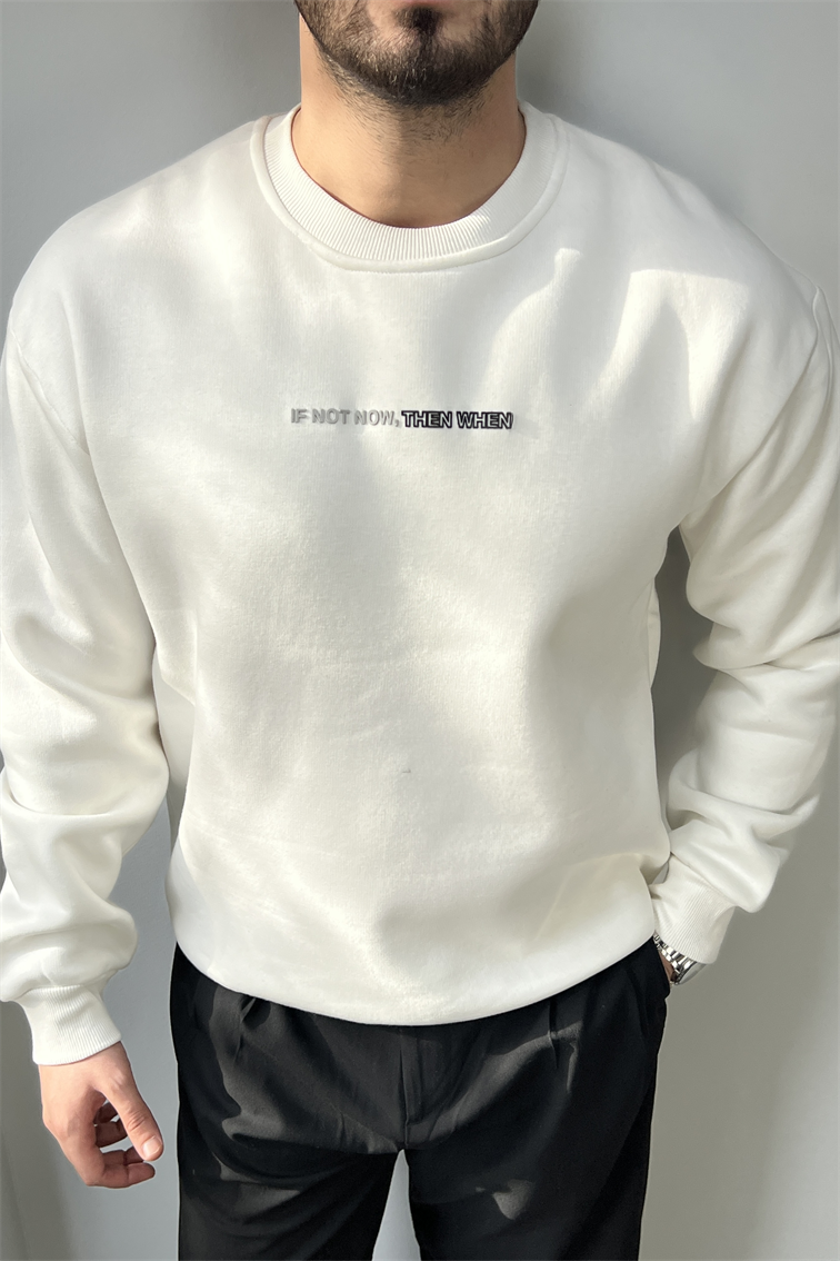 Yazı Detay Basic Sweatshirt Beyaz