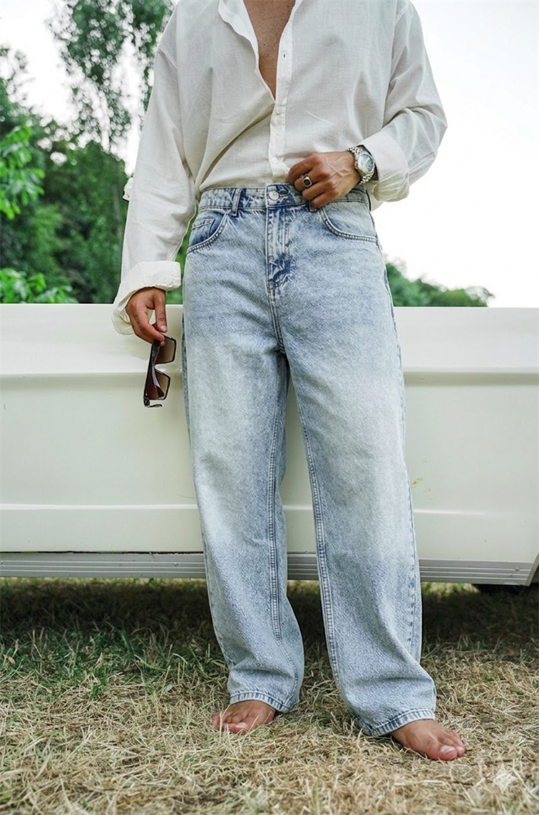 Yıkamalı Baggy Jean Pantolon Buz Mavi