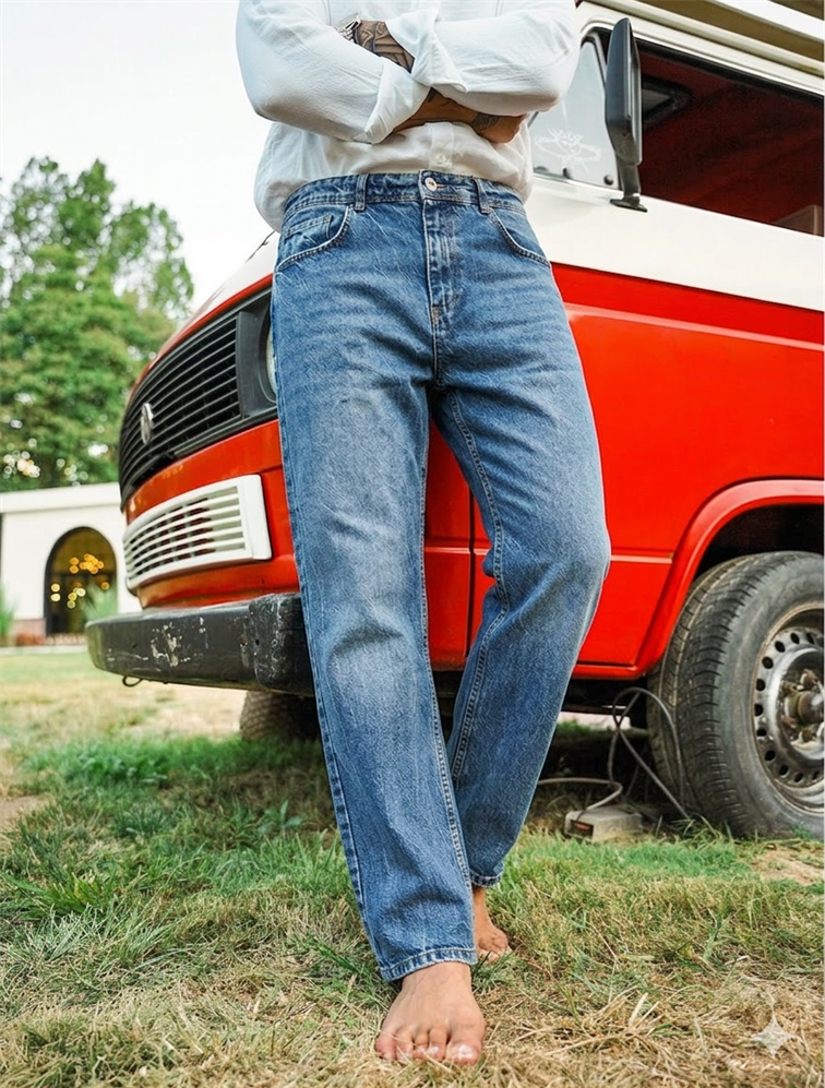 Yıkamalı Baggy Jean Pantolon Lacivert