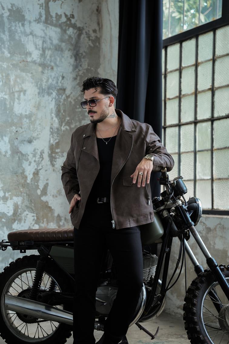 Yıkamalı Biker KG Deri Ceket Kahve