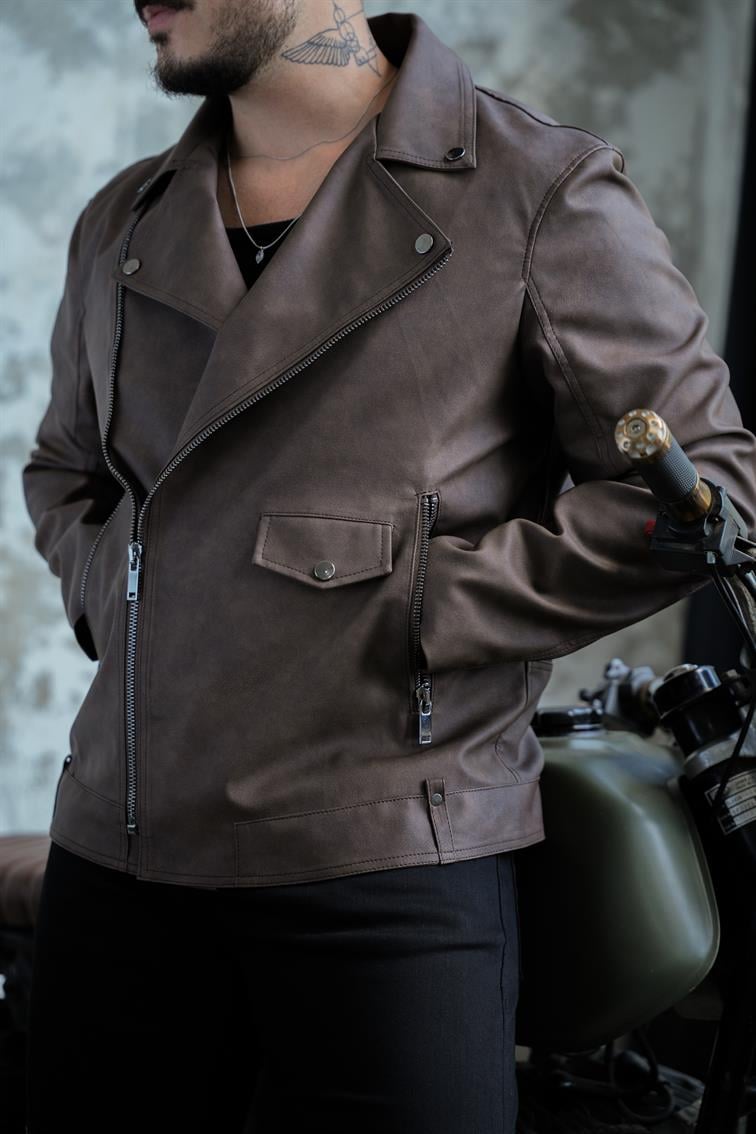Yıkamalı Biker KG Deri Ceket Kahve