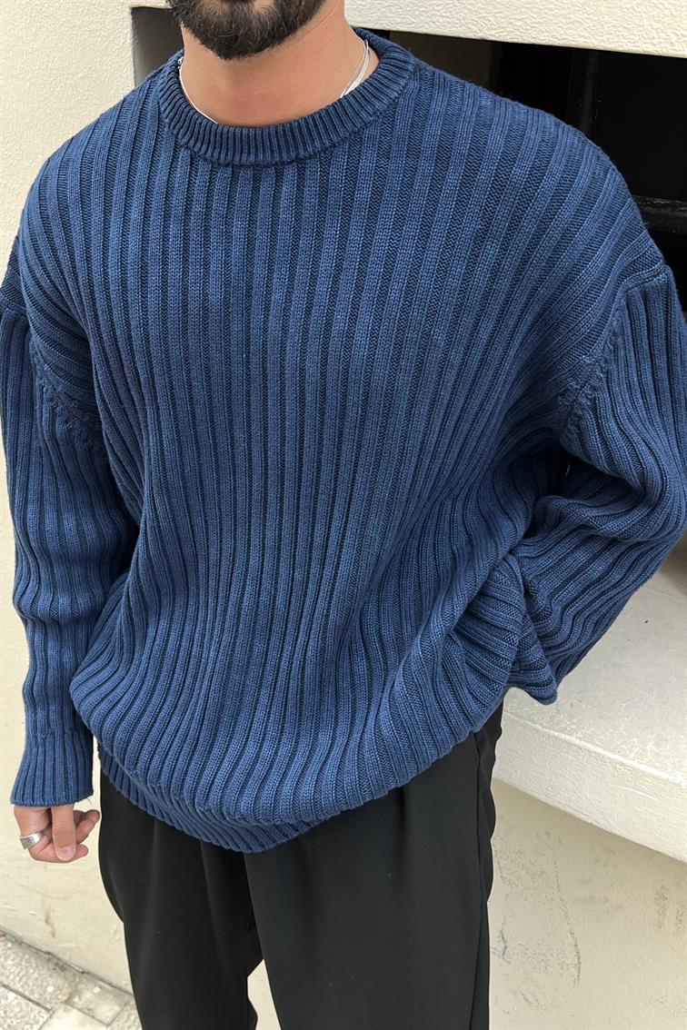 Yıkamalı Bol Dolgun Kazak Lacivert