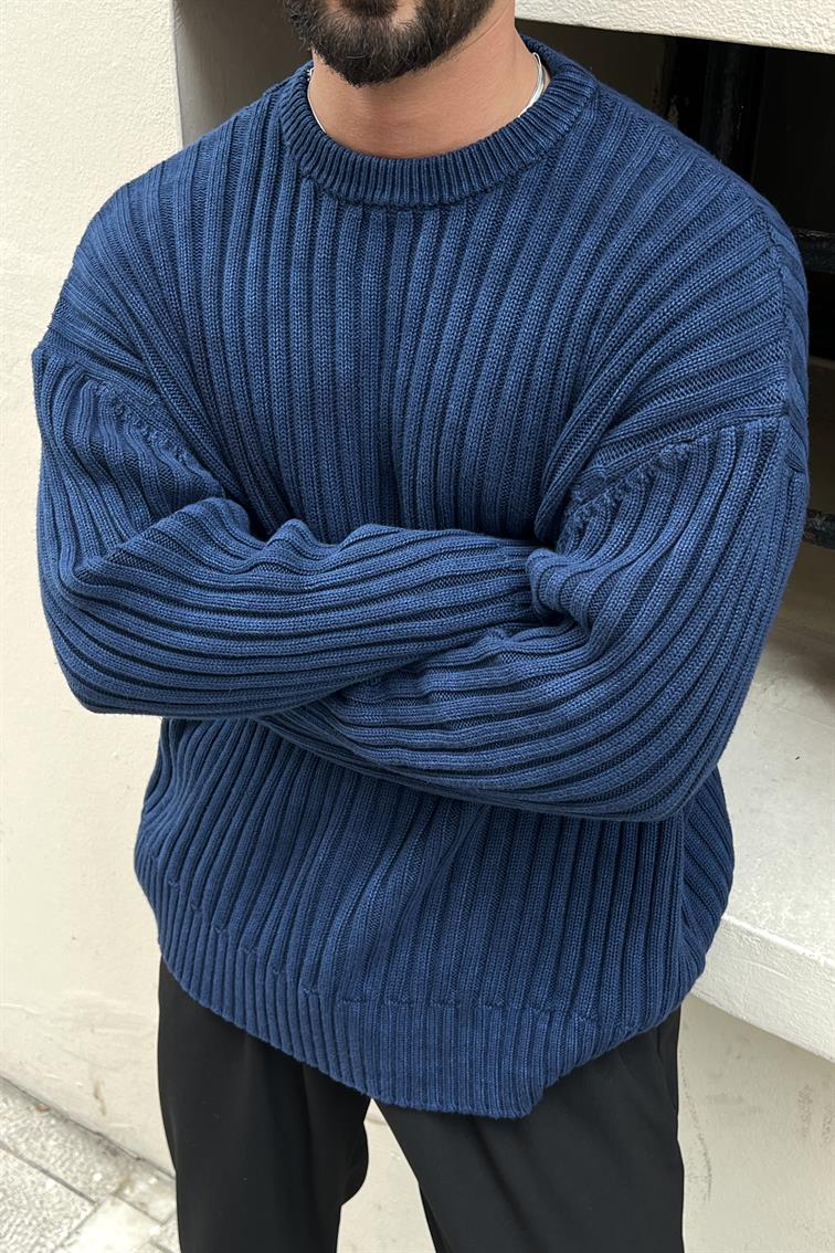 Yıkamalı Bol Dolgun Kazak Lacivert