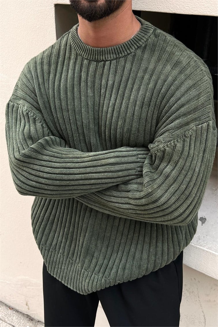 Yıkamalı Dolgun Dokulu Oversize Kazak Yeşil