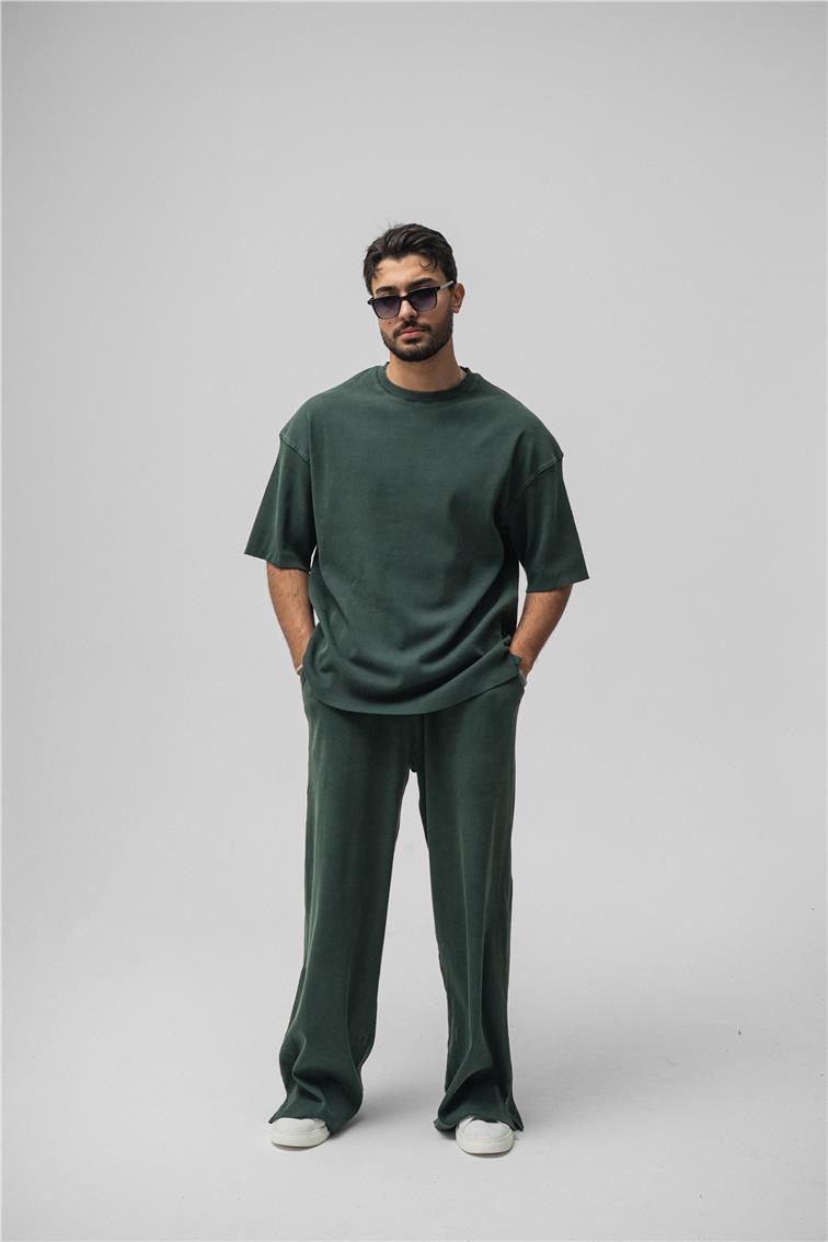Yıkamalı Fitilli Oversize T-Shirt Yıkamalı Yeşil