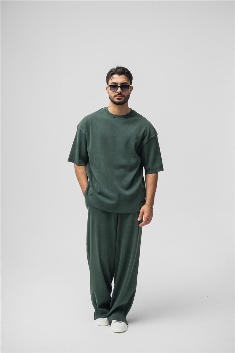 Yıkamalı Fitilli Oversize T-Shirt Yıkamalı Yeşil