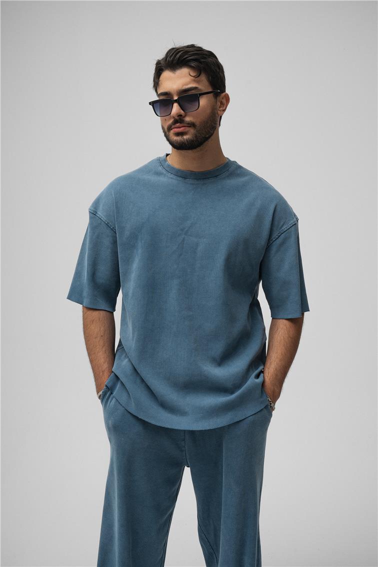 Yıkamalı Fitilli Oversize T-Shirt Yıkamalı İndigo