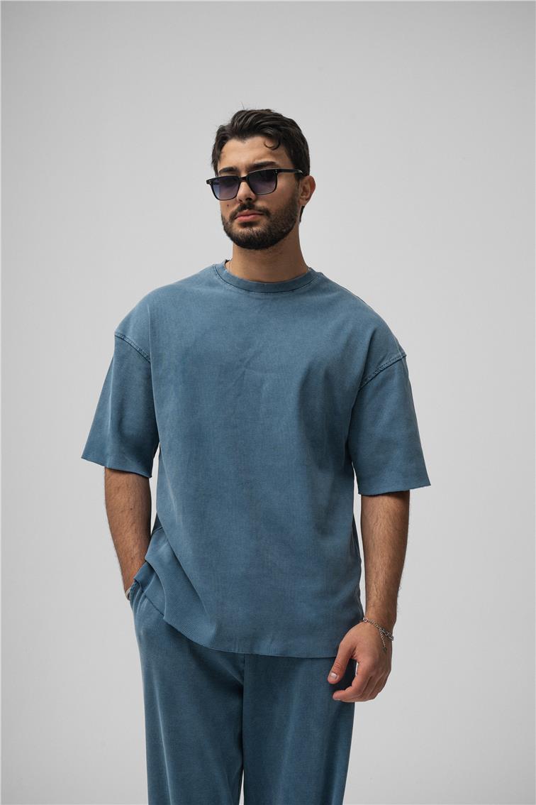 Yıkamalı Fitilli Oversize T-Shirt Yıkamalı İndigo