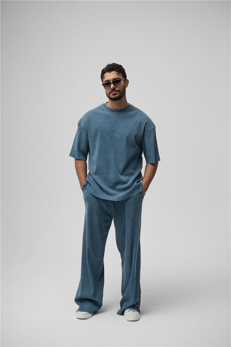 Yıkamalı Fitilli Oversize T-Shirt Yıkamalı İndigo