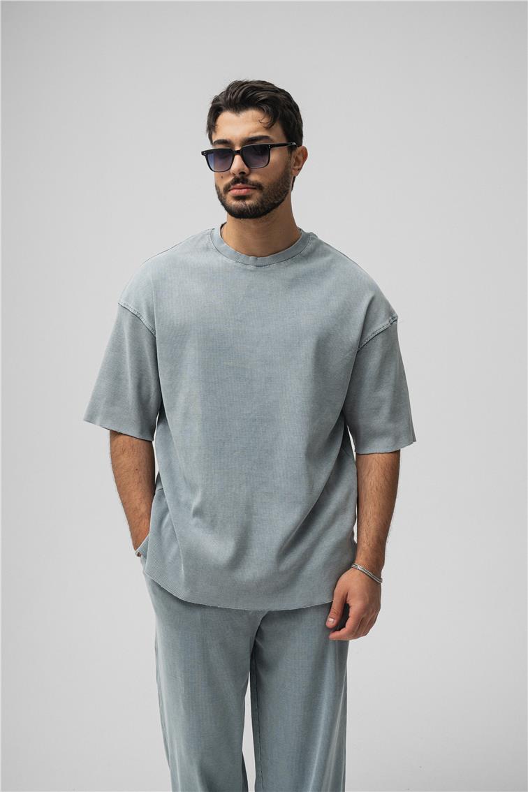 Yıkamalı Fitilli Oversize T-Shirt Yıkamalı Gri