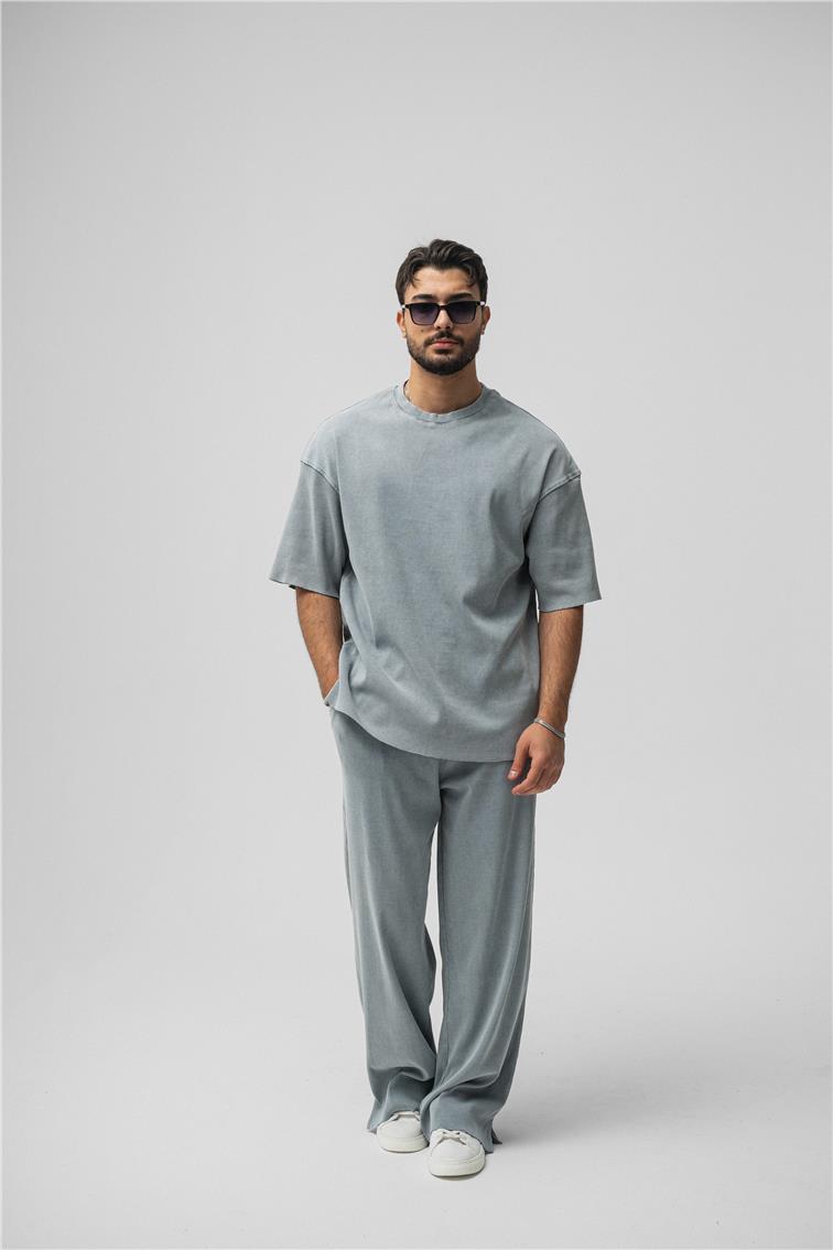 Yıkamalı Fitilli Oversize T-Shirt Yıkamalı Gri