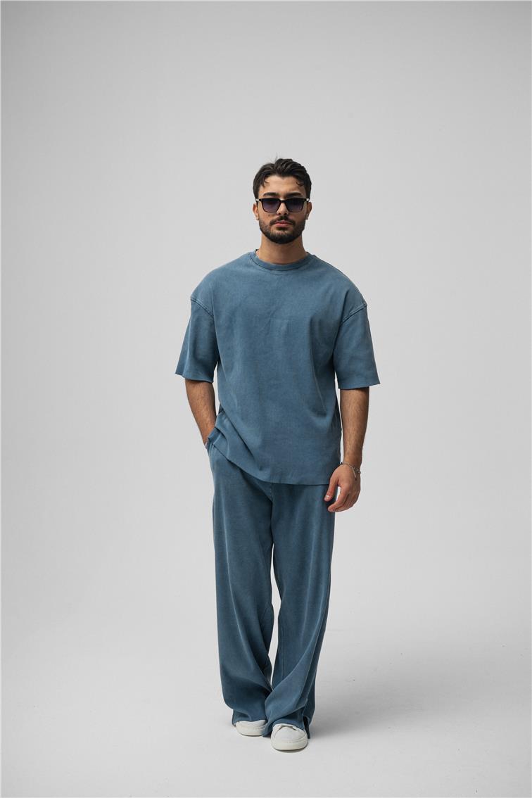 Yıkamalı Fitilli Oversize T-Shirt Yıkamalı İndigo