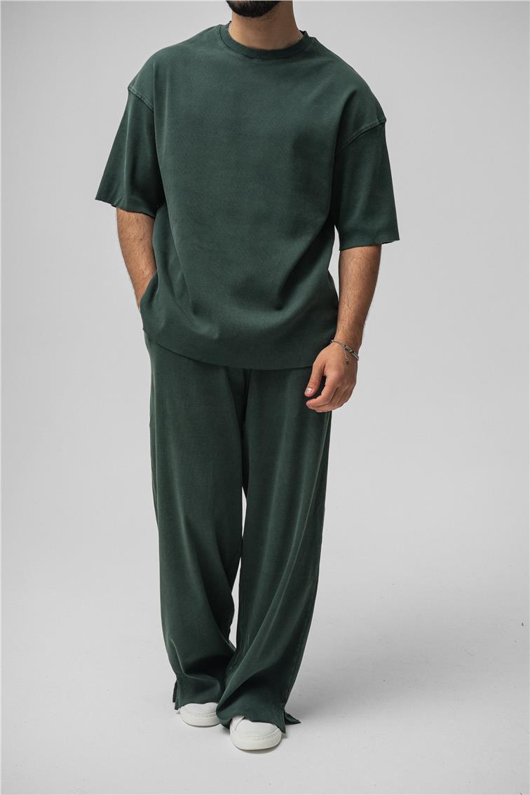 Yıkamalı Fitilli Oversize T-Shirt Yıkamalı Yeşil